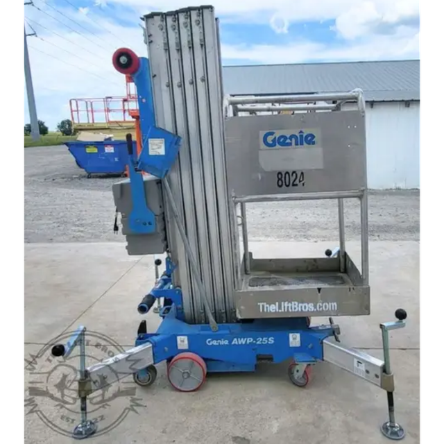 Genie AWP-25S push-around lift: blue base, lowered aluminum mast, steel platform with guardrails, four outriggers