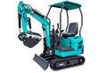 Teal AGT QK16R mini excavator, front quarter: canopy, toothed bucket with hydraulic thumb, dozer blade and rubber tracks