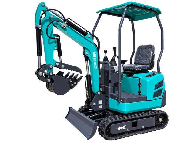Teal AGT QK16R mini excavator, front quarter: canopy, toothed bucket with hydraulic thumb, dozer blade and rubber tracks