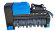 Blue Raytree excavator drum mulcher, side view: toothed rotor drum, pin-on coupler and hydraulic hose