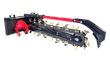Raytree RMT48 48-inch skid steer trencher, boom-mounted digging chain with gold teeth and red spoil auger