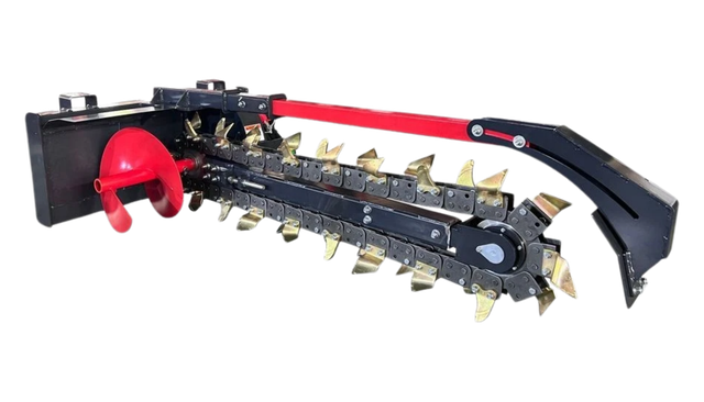 Raytree RMT48 48-inch skid steer trencher, boom-mounted digging chain with gold teeth and red spoil auger