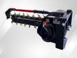 Raytree RMT48 skid steer trencher, universal quick-attach plate, hose bundle and toothed chain boom with red crumber bar
