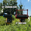Raytree 50-inch standard flow mulcher beside the 72-inch high flow model, both on JCB skid steers