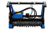 Raytree drum mulcher: skid steer quick-attach frame, blue low-flow piston motor, hydraulic hoses, black toothed drum