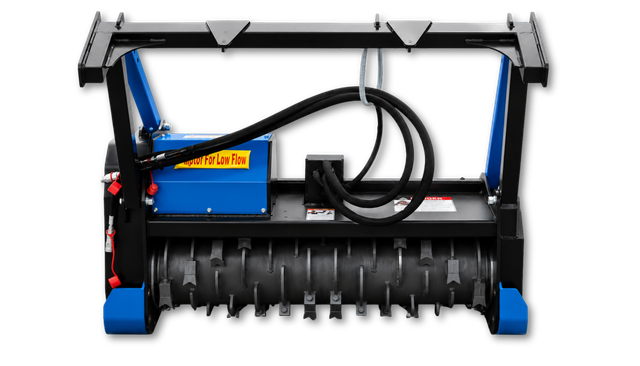 Raytree drum mulcher: skid steer quick-attach frame, blue low-flow piston motor, hydraulic hoses, black toothed drum