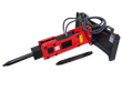 Red Raytree hydraulic breaker with pointed moil on a skid steer quick-attach plate, spare chisel bit, cutout image