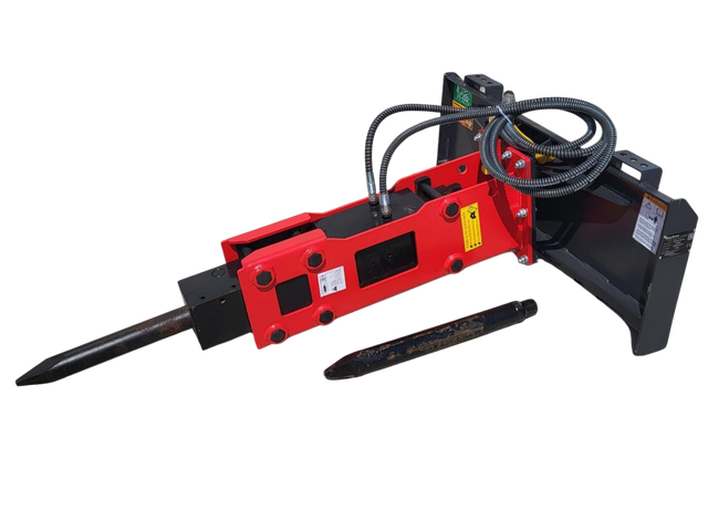 Red Raytree hydraulic breaker with pointed moil on a skid steer quick-attach plate, spare chisel bit, cutout image