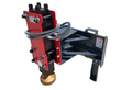 Raytree 680 post driver, red hydraulic housing, black skid steer frame, bronze driving cup
