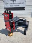 Raytree 680 post driver, red hydraulic ram housing, coiled hoses, black quick-attach plate