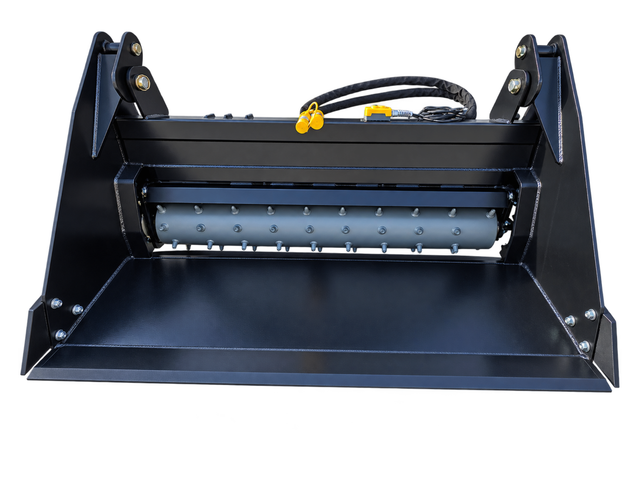 Raytree 72-inch power rake bucket, spring-tine rotor and hydraulic quick-connects