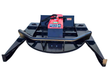 Skid steer brush cutter on white background, front view with tubular push bar, red motor cover and side skids