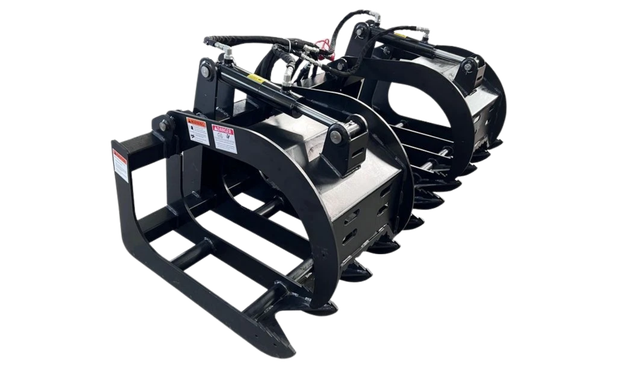 Black Raytree 72-inch root grapple, dual independent hydraulic lids over steel tines