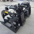 Black 72-inch hydraulic root grapple, both clamps open, twin cylinders with coiled hoses on top