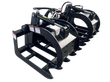 Black dual-clamp hydraulic root grapple, serrated tines, manufacturer cutout on a plain background