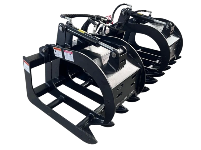 Black dual-clamp hydraulic root grapple, serrated tines, manufacturer cutout on a plain background