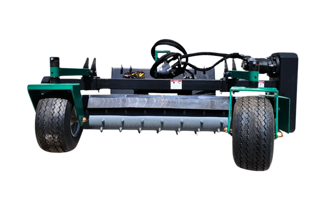 78-inch soil conditioner: full-width toothed drum, two green gauge wheels, hydraulic drive motor and hoses on top