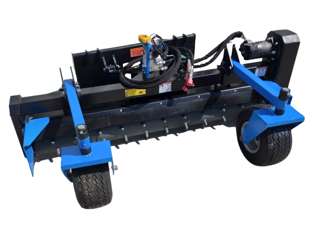 Raytree RMSC78 soil conditioner power rake, blue frame, black toothed drum, two gauge wheels and hydraulic motor