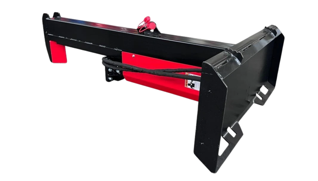 Raytree RMLS18T 79-inch log splitter with red hydraulic cylinder and black skid steer quick-attach plate