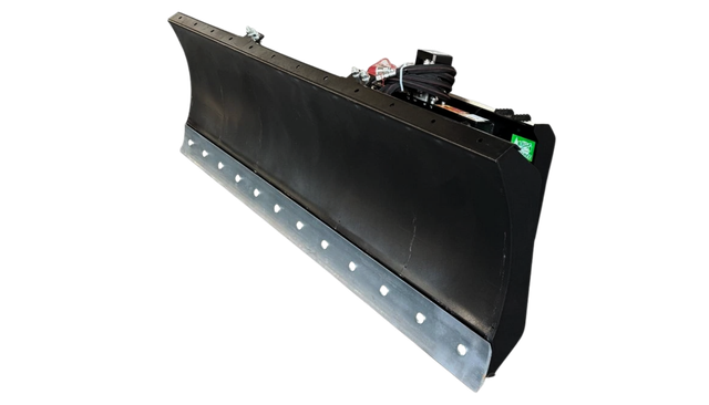 Raytree 96-inch 6-way dozer blade, black moldboard with bolt-on cutting edge and hydraulic hoses for skid steer mount