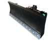 Black 96-inch 6-way dozer blade, bolted steel cutting edge, hydraulic hoses at the skid steer quick-attach mount