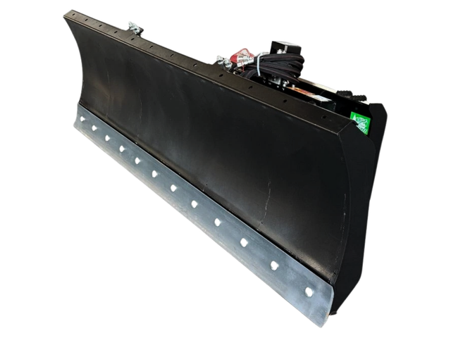 Black 96-inch 6-way dozer blade, bolted steel cutting edge, hydraulic hoses at the skid steer quick-attach mount