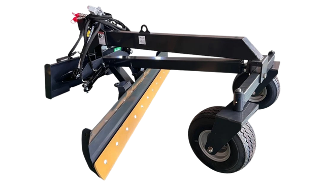 Raytree 96-inch 6-way grader blade, yellow cutting edge, twin rear gauge wheels, hydraulic hoses and skid steer mount