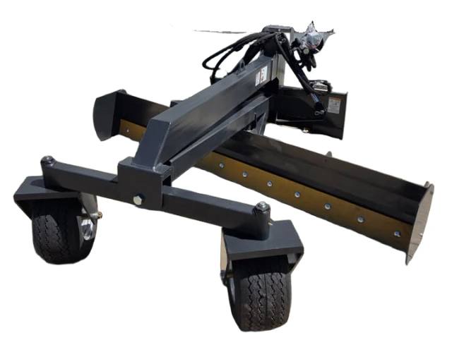 Raytree 96-inch grader blade angled to one side, bolt-on double-bevel cutting edge and two pneumatic caster wheels