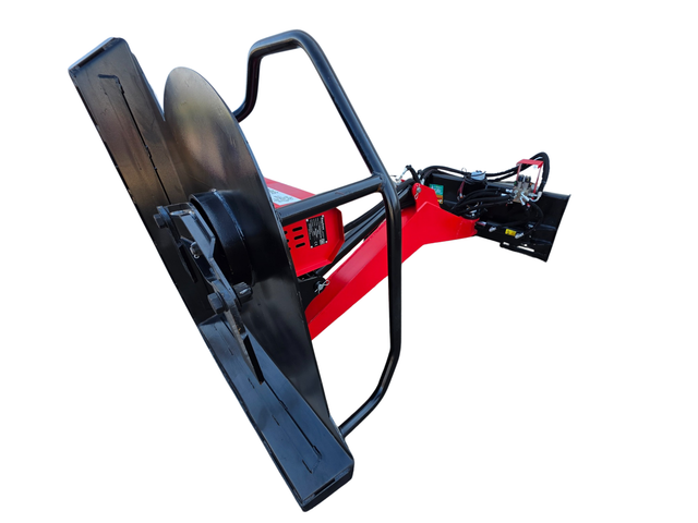 Raytree articulating brush cutter, circular blade, red frame with skid steer quick-attach