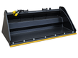 Raytree RMRB72 power rake bucket, black housing with yellow cutting edge and hydraulic couplers