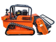 Orange remote-control tracked flail mower, side view: rubber track, gas engine, roll cage, mesh-guarded flail head