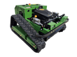 Green remote-control tracked slope mower, gas engine, rubber tracks, front cutting deck and emergency stop button