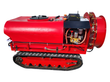 Red tracked orchard sprayer, side view: poly tank, yellow pump, orange hoses, brass nozzle ring, axial fan and rubber track