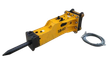 SB40 hydraulic breaker, yellow body with pointed moil chisel, black mount bracket and brass pins, coiled hose pair
