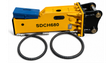 SDCH680 hydraulic breaker: yellow body, black excavator mount bracket, blue tool box and two coiled hydraulic hoses