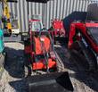 Front of a red SDLANCH mini skid steer with black bucket, rubber tracks, canopy and four hydraulic hoses with couplers