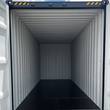 Empty container interior through the open doors, white corrugated steel walls and ceiling, dark plank floor