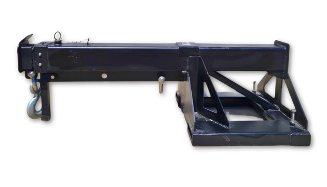 Black forklift jib skid steer attachment, square telescoping boom with swivel hook and quick-attach mounting plate