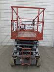 Skyjack SJIII 4632 electric scissor lift, stowed, end view with red platform, rails and gray scissor stack