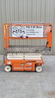 Snorkel S3215L scissor lift, stowed, right side view with platform rails