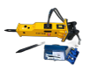 Yellow TOFT530 hydraulic breaker with moil point fitted, sheathed hoses, spare chisel, wrench box and charge kit