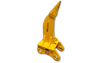 Yellow TOFT single-shank excavator ripper with curved pointed tine and twin-lug mount, marked CAT320