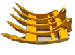 Yellow TOFT08R excavator rake, five curved tines with bolted tips, CAT320 stamped on the frame, twin pin-boss arms