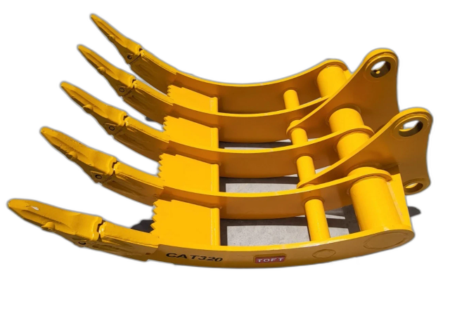 Yellow TOFT08R excavator rake, five curved tines with bolted tips, CAT320 stamped on the frame, twin pin-boss arms