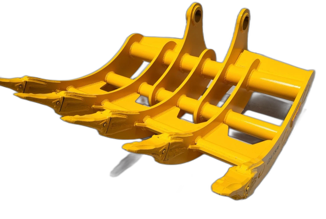 Yellow TOFT10R excavator rake, five curved tines with bolted tooth tips, cross tubes and twin pin-boss mounting arms