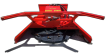 Red Topcat disc mulcher, steel push frame and hydraulic hoses over the toothed black cutting disc