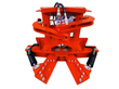 Topcat hydraulic tree shear, front view, dual shear jaws closed, twin cylinders at top