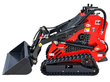 Red Vorx NL360 mini skid steer with bucket, side profile on a white background