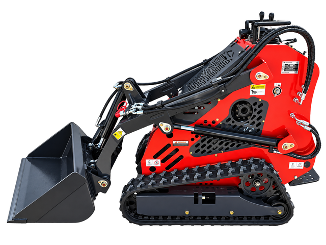 Red Vorx NL360 mini skid steer with bucket, side profile on a white background