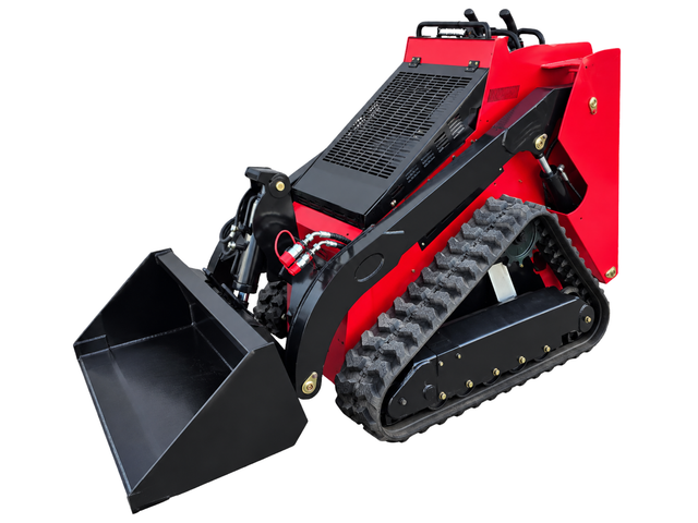 VORX NL750 mini skid steer, red and black, bucket attachment lowered, on white background